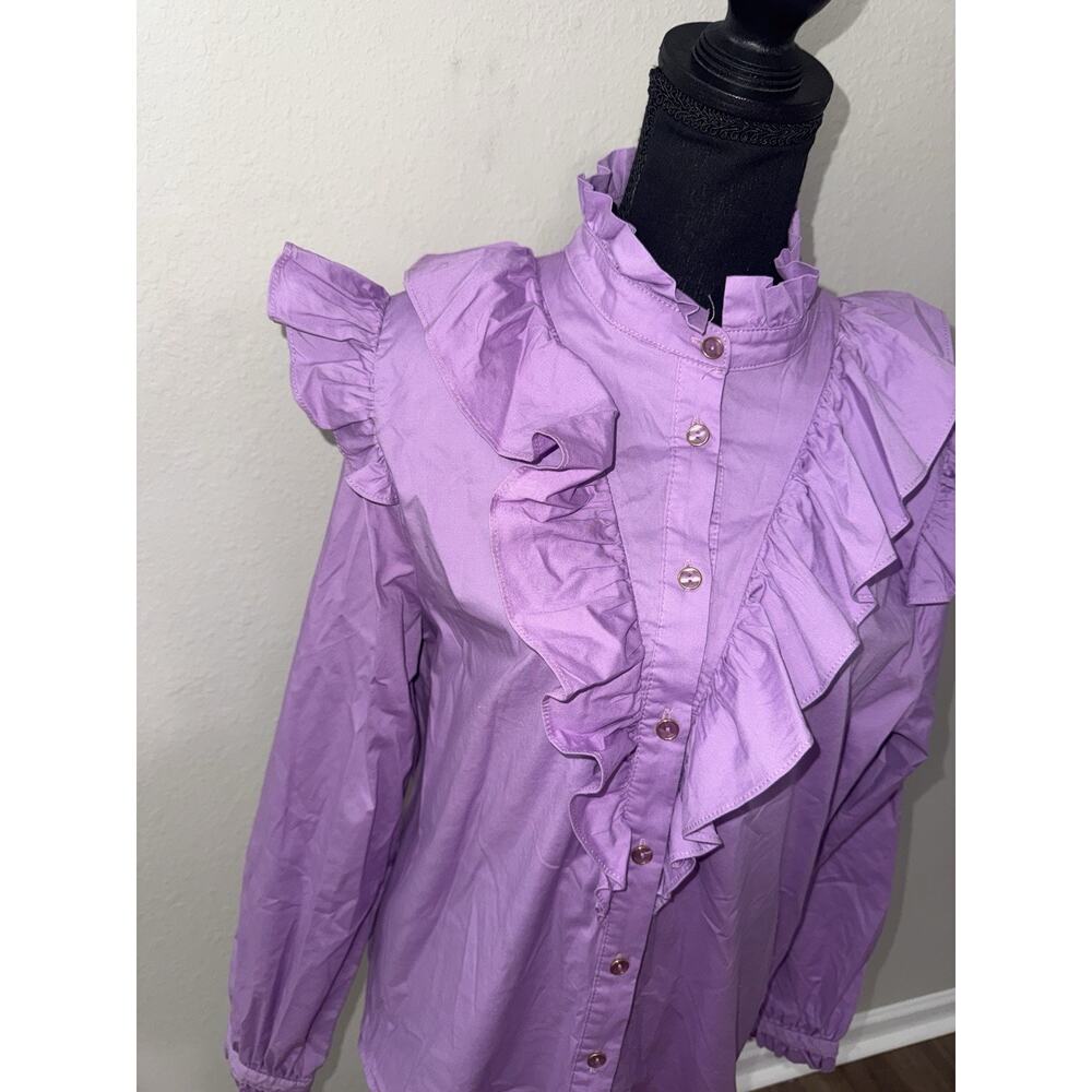 Karlie Solid Poplin Ruffle Button Purple Long Sleeve Blouse Large Cottagecore - Picture 2 of 7